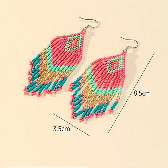 Handmade Bohemian Style Tassel Earrings with Glass Beads Dangle Earrings Vibrant - Picture 4 of 4